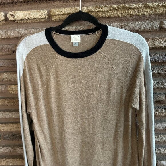 A New Day Tan and Black White Shoulder Stripe Crew Neck Sweater Size Small - Picture 4 of 6